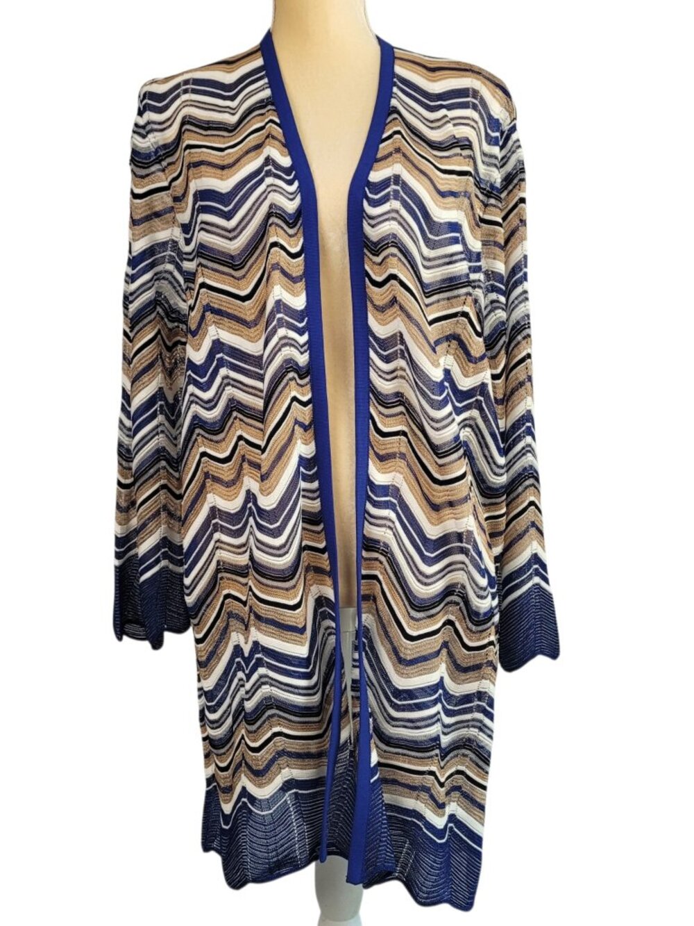 Chico's Travelers Cardigan Women's 3 XL Open Front Chevron Blue Tan Lightweight